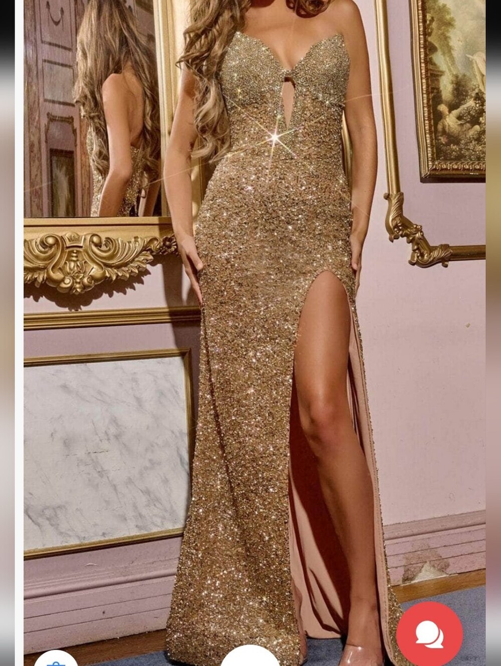 Jovani D5600 Gold Sequin Strapless Sweetheart Gown with High Slit Size 6